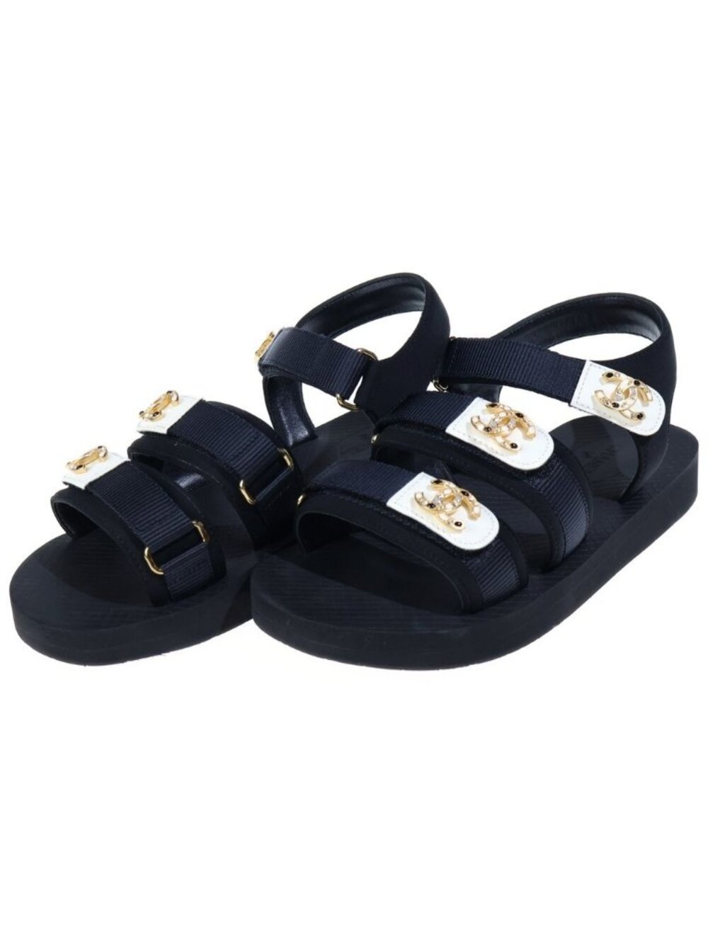 Chanel CC Logo Rhinestone Velcro Sandals Rubber Sole Gold Flat Shoes Black